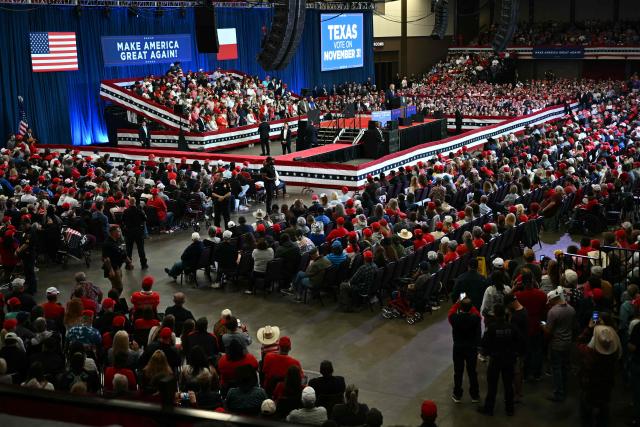 Supporters listen to US President Donald Trump speaking during a midterm campaign rally at Lubbock Memorial Civic Center in Lubbock, Texas on October 27, 2026. (Photo by Kent NISHIMURA / AFP)