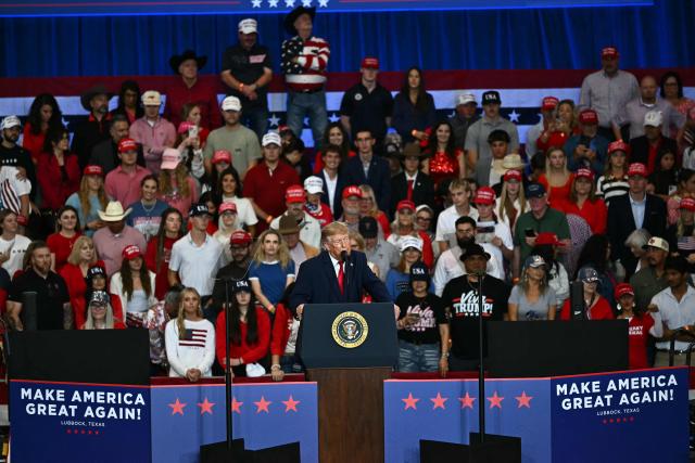 US President Donald Trump speaks during a midterm campaign rally at Lubbock Memorial Civic Center in Lubbock, Texas on October 27, 2026. (Photo by Kent NISHIMURA / AFP)