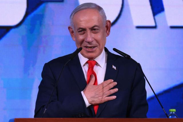 Israel's Prime Minister Benjamin Netanyahu addresses his supporters at the election night rally after the first exit polls were announced, in Jerusalem on early October 28, 2026, during Israel's legislative elections. Israeli voters on October 27 gave a narrow edge to opposition parties over Netanyahu, initial projections showed, after decades-high turnout in the country's first election since the trauma of the October 7, 2023 attacks. (Photo by Jewel SAMAD / AFP)