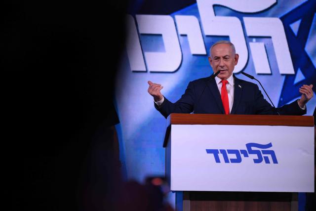 Israel's Prime Minister Benjamin Netanyahu addresses his supporters at the election night rally after the first exit polls were announced, in Jerusalem on early October 28, 2026, during Israel's legislative elections. Israeli voters on October 27 gave a narrow edge to opposition parties over Netanyahu, initial projections showed, after decades-high turnout in the country's first election since the trauma of the October 7, 2023 attacks. (Photo by Jewel SAMAD / AFP)