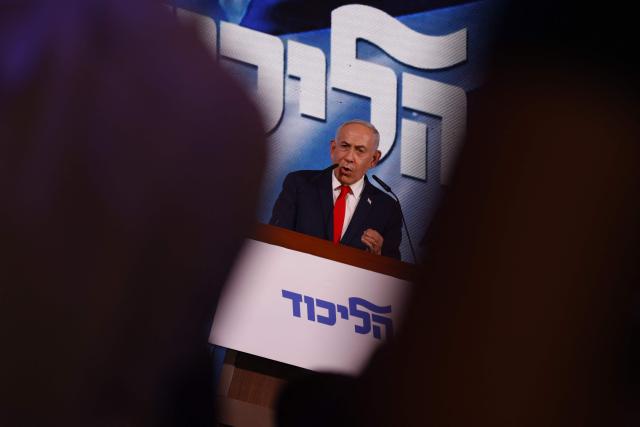 Israel's Prime Minister Benjamin Netanyahu addresses his supporters at the election night rally after the first exit polls were announced, in Jerusalem on early October 28, 2026, during Israel's legislative elections. Israeli voters on October 27 gave a narrow edge to opposition parties over Netanyahu, initial projections showed, after decades-high turnout in the country's first election since the trauma of the October 7, 2023 attacks. (Photo by John Wessels / AFP)