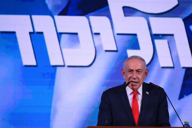 Israel's Prime Minister Benjamin Netanyahu addresses his supporters at the election night rally after the first exit polls were announced, in Jerusalem on early October 28, 2026, during Israel's legislative elections. Netanyahu vowed early on October 28 to form a new government after a close election, saying no leader should rule through the backing of Israeli Arabs, whose parties posted strong gains. (Photo by Jewel SAMAD / AFP)