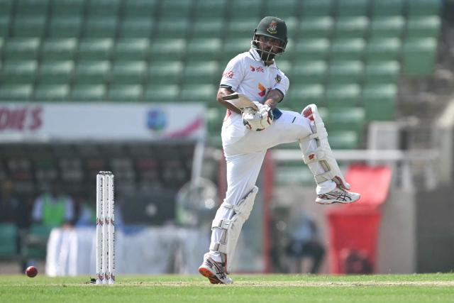 Bangladesh's Shadman Islam plays a shot during the first day of the first test cricket match between Bangladesh and West Indies at the Sher-e-Bangla National Stadium in Mirpur on October 28, 2026. (Photo by Salahuddin Ahmed / AFP)