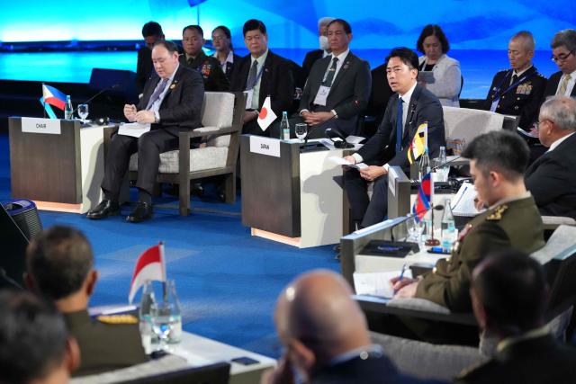 Japan’s Defence Minister Shinjiro Koizumi (centre R) speaks during the ASEAN+1 Defence Ministers' Informal Meeting with Japan in Cebu on October 28, 2026. (Photo by Aaron Favila / POOL / AFP)