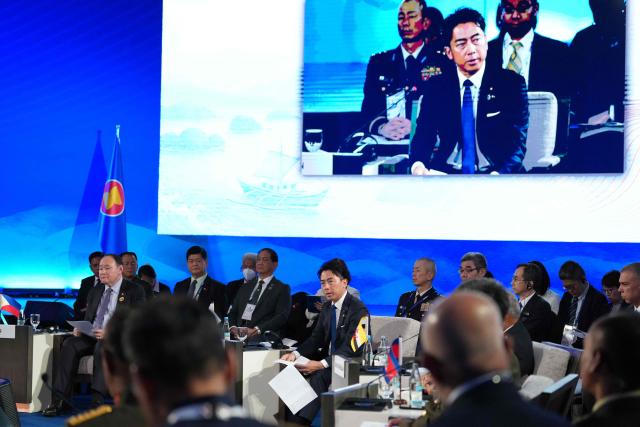 Japan’s Defence Minister Shinjiro Koizumi (C) speaks during the ASEAN+1 Defence Ministers' Informal Meeting with Japan in Cebu on October 28, 2026. (Photo by Aaron Favila / POOL / AFP)