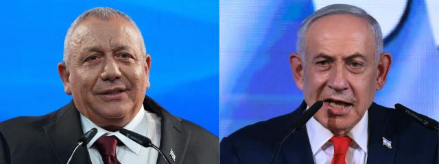 (COMBO) This combination of pictures created on October 28, 2026, shows Yashar party leader Gadi Eisenkot (L) addressing his supporters at an election night rally in Tel Aviv early on October 28, 2026, and Prime Minister Benjamin Netanyahu addressing his supporters at an election night rally in Jerusalem early on October 28, 2026. The camp of Prime Minister Benjamin Netanyahu was ahead of his rival's opposition bloc but still short of a majority on October 28 after 50 percent of votes were counted in Israel's pivotal general election. (Photo by Maya LEVIN and Jewel SAMAD / AFP)