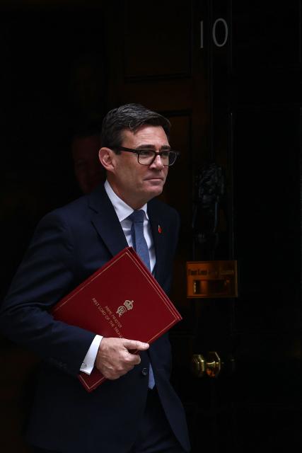 Britain's Prime Minister Andy Burnham leaves after attending a cabinet meeting at Downing Street in central London on October 28, 2026, before Britain's Chancellor of the Exchequer John Healey presents the government's annual budget to parliament later in the day. Healey will unveil his first budget on October 28 as he juggles commitments to defence spending and easing household bills with little financial room to manoeuvre. (Photo by Henry NICHOLLS / AFP)