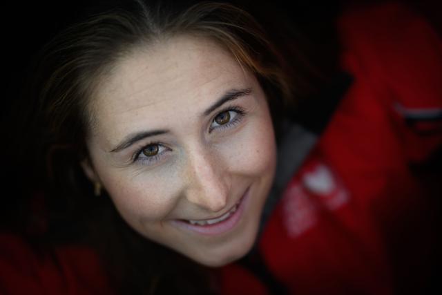"Initiatives Coeur" IMOCA Class French sailor Violette Dorange poses aboard her boat in the harbour of Saint-Malo, western France, a few days before the start of the 13th Route du Rhum - Destination Guadeloupe, on October 28, 2026. From Saint-Malo in Brittany to Pointe-à-Pitre in Guadeloupe, 115 skippers across 6 classes will take the start on November 1, 2026, in this solo transatlantic sailing race. (Photo by Loic VENANCE / AFP)