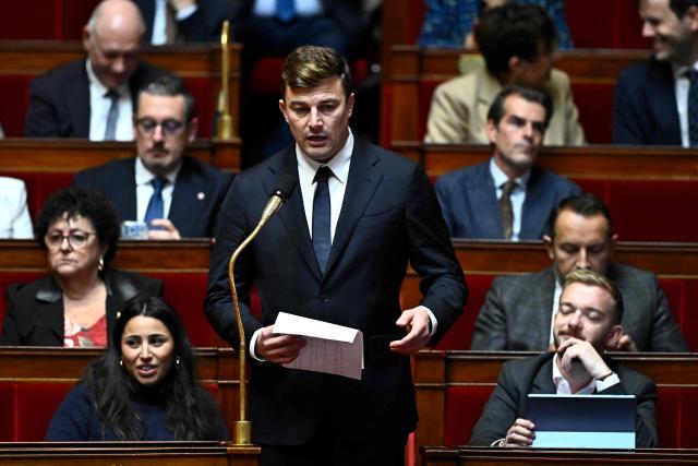 French far-right ally party Union des droites pour la Republique (UDR) group MP Pierre-Henri Carbonnel addresses the audience during a session of questions to the government at The National Assembly, France's lower house of parliament in Paris on October 27, 2026. (Photo by JULIEN DE ROSA / AFP)