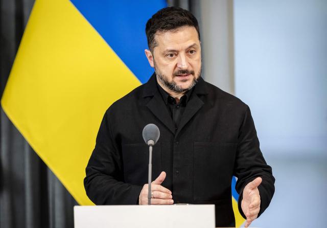 Ukraine's President Volodymyr Zelensky speaks during a joint press briefing with Netherlands' Prime Minister at the Catshuis following a bilateral meeting in the Hague on October 28, 2026. (Photo by Remko de Waal / ANP / AFP) / Netherlands OUT