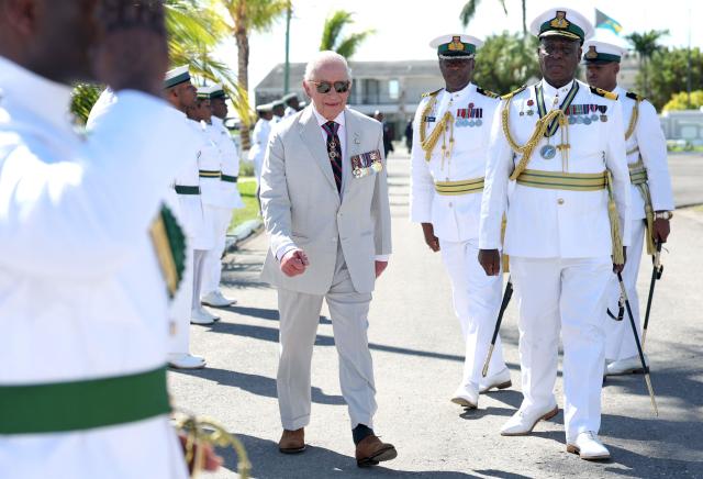 Britain's King Charles III tours the Royal Bahamas Defence Force Coral Harbour Base in Nassau, Bahamas, on October 28, 2026. King Charles III's Autumn Tour includes visits to The Bahamas, Guyana and Antigua and Barbuda. (Photo by Chris Jackson / POOL / AFP)