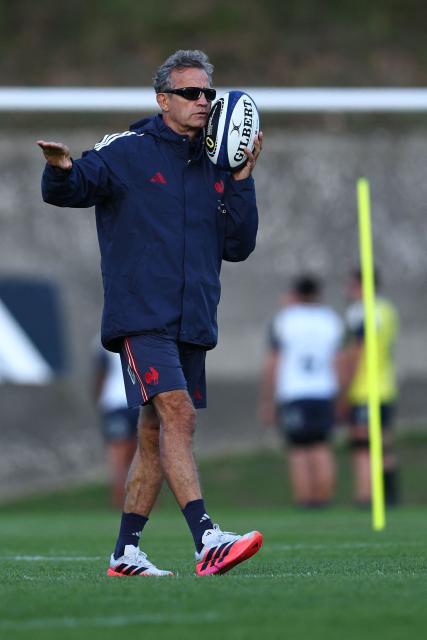 France's head coach Fabien Galthié leads a training session, as part of the preparation for the Nation Championship match between France and Fiji, in Marcoussis, south of Paris, on October 28, 2026. (Photo by Anne-Christine POUJOULAT / AFP)