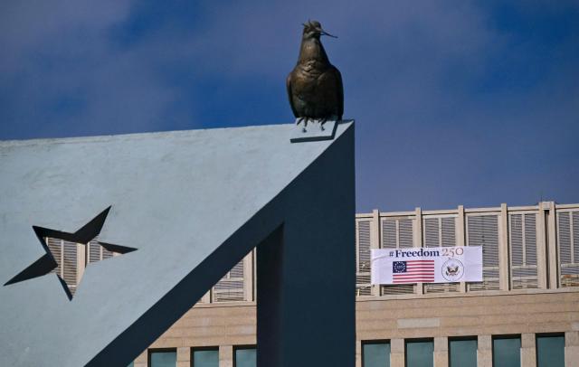 The US Embassy building is pictured with a banner reading “Freedom 250” to mark the July 4th celebrations of the 250th anniversary of US independence in Havana on October 28, 2026. (Photo by YAMIL LAGE / AFP)