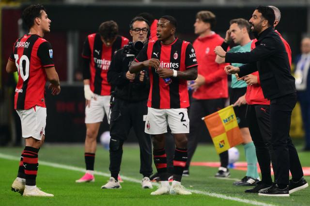 AC Milan’s Portuguese coach Ruben Amorim (R) speaks with AC Milan’s Swiss midfielder #30 Ardon Jashari (L) during the Italian Serie A football match between AC Milan and Bologna at the San Siro stadium in Milan, northern Italy on October 28, 2026. (Photo by Marco Bertorello / AFP)
