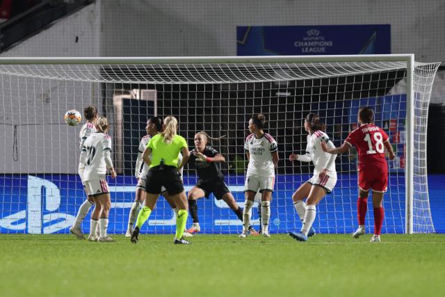 Bayern Munich's Japanese midfielder #18 Momoko Tanikawa (R) scores the 2-2 equalizing goal during the UEFA Women's Champions League - League phase, Matchday 3 - football match between FC Bayern Munich and Real Madrid in Unterhaching near Munich, southern Germany, on October 28, 2026. (Photo by Alexandra BEIER / AFP)