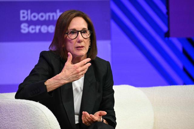 (FILES) US producer Kathleen Kennedy speaks during the Bloomberg Screentime 2026 conference in Los Angeles, on September 30, 2026. Oscar-nominated film producer Kathleen Kennedy was named on October 28, 2026, to oversee preparations for the opening and closing ceremonies at the 2028 Olympic and Paralympic Games in Los Angeles. Kennedy, 73, an eight-time Academy Award nominee whose first film producing credit came on Steven Spielberg's 1982 classic "E.T. The Extra-Terrestrial", will serve as head of ceremonies and content. She will executive produce the opening and closing ceremonies, which will take place at the Los Angeles Memorial Coliseum and SoFi Stadium. (Photo by Patrick T. Fallon / AFP)