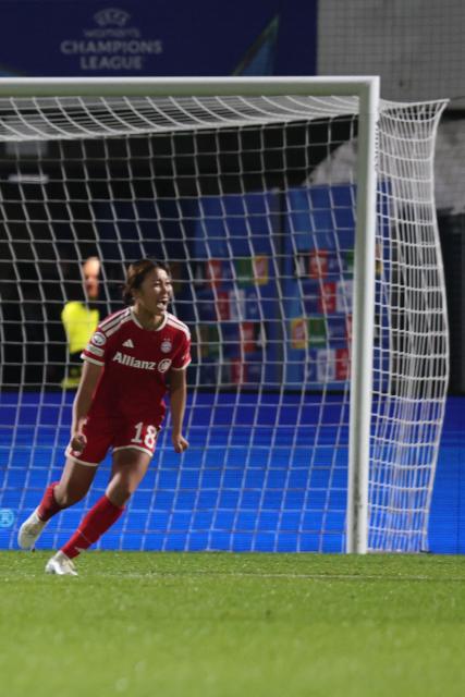 Bayern Munich's Japanese midfielder #18 Momoko Tanikawa celebrates after scoring the 2-2 equalizing goal during the UEFA Women's Champions League - League phase, Matchday 3 - football match between FC Bayern Munich and Real Madrid in Unterhaching near Munich, southern Germany, on October 28, 2026. (Photo by Alexandra BEIER / AFP)