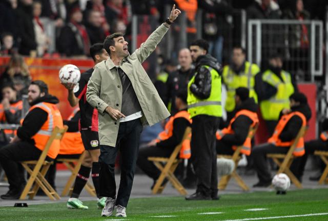 Bayer Leverkusen's Spanish head coach Carles Martinez reacts from the sidelines during the German Cup (DFB-Pokal) football match between Bayer 04 Leverkusen and FC Nuernberg in Leverkusen, western Germany on October 28, 2026. (Photo by INA FASSBENDER / AFP) / DFB REGULATIONS PROHIBIT ANY USE OF PHOTOGRAPHS AS IMAGE SEQUENCES AND QUASI-VIDEO.