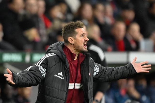 Nuremberg's German coach Miroslav Klose reacts from the sidelines during the German Cup (DFB-Pokal) football match between Bayer 04 Leverkusen and FC Nuernberg in Leverkusen, western Germany on October 28, 2026. (Photo by INA FASSBENDER / AFP) / DFB REGULATIONS PROHIBIT ANY USE OF PHOTOGRAPHS AS IMAGE SEQUENCES AND QUASI-VIDEO.