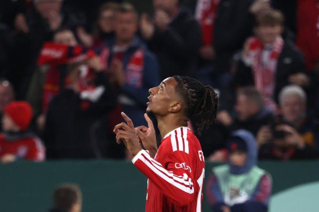 Bayern Munich's French forward #17 Michael Olise celebrates after scoring the opening 1-0 goal during the German Cup (DFB-Pokal) football match between FC Bayern Munich and 1. FC Magdeburg in Munich, southern Germany on October 28, 2026. (Photo by Karl-Josef HILDENBRAND / AFP) / DFB REGULATIONS PROHIBIT ANY USE OF PHOTOGRAPHS AS IMAGE SEQUENCES AND QUASI-VIDEO.