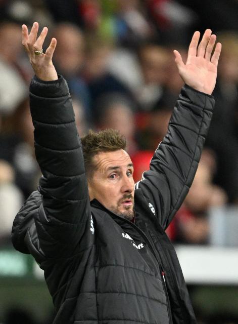Nuremberg's German coach Miroslav Klose reacts from the sidelines during the German Cup (DFB-Pokal) football match between Bayer 04 Leverkusen and FC Nuernberg in Leverkusen, western Germany on October 28, 2026. (Photo by INA FASSBENDER / AFP) / DFB REGULATIONS PROHIBIT ANY USE OF PHOTOGRAPHS AS IMAGE SEQUENCES AND QUASI-VIDEO.