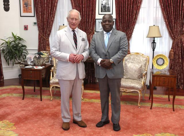 Britain's King Charles III and Prime Minister of The Bahamas, Philip Davis meet at Government House in Nassau, The Bahamas, on October 28, 2026. King Charles III's Autumn Tour includes visits to The Bahamas, Guyana and Antigua and Barbuda. (Photo by Chris Jackson / POOL / AFP)