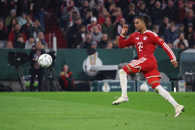Bayern Munich's French forward #17 Michael Olise kicks a penalty kick to score the 3-1 goal during the German Cup (DFB-Pokal) football match between FC Bayern Munich and 1. FC Magdeburg in Munich, southern Germany on October 28, 2026. (Photo by Karl-Josef HILDENBRAND / AFP) / DFB REGULATIONS PROHIBIT ANY USE OF PHOTOGRAPHS AS IMAGE SEQUENCES AND QUASI-VIDEO.