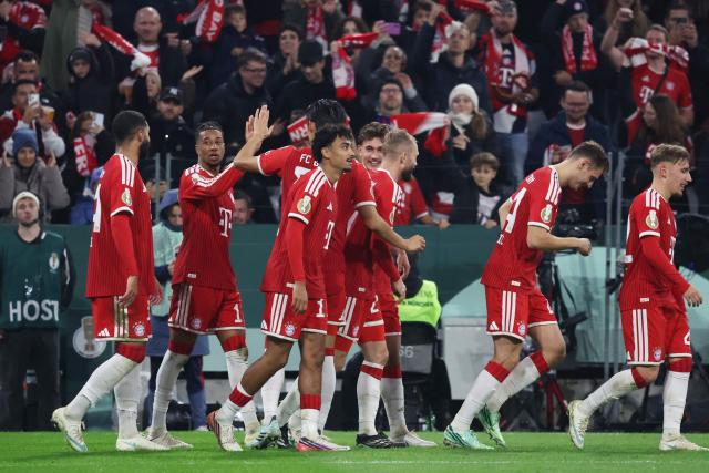 Bayern Munich's French forward #17 Michael Olise (2nd L) celebrates after scoring the 3-1 penalty goal during the German Cup (DFB-Pokal) football match between FC Bayern Munich and 1. FC Magdeburg in Munich, southern Germany on October 28, 2026. (Photo by Karl-Josef HILDENBRAND / AFP) / DFB REGULATIONS PROHIBIT ANY USE OF PHOTOGRAPHS AS IMAGE SEQUENCES AND QUASI-VIDEO.