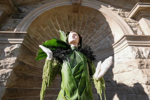 A floral mannequin representing Bertha Russel, inspired by HBO’s Emmy-nominated series "The Gilded Age," is displayed during the Fleurs de Villes THE GILDED AGE exhibition at Greystone Mansion & Gardens in Beverly Hills, California, on October 28, 2026. The exhibition features floral designs created by local florists and runs through November 4. (Photo by VALERIE MACON / AFP)