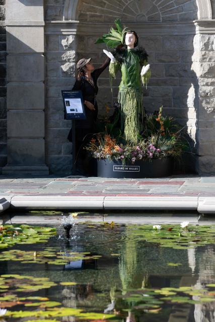 A floral mannequin representing Bertha Russell, inspired by HBO’s Emmy-nominated series "The Gilded Age," is displayed during the Fleurs de Villes THE GILDED AGE exhibition at Greystone Mansion & Gardens in Beverly Hills, California, on October 28, 2026. The exhibition features floral designs created by local florists and runs through November 4. (Photo by VALERIE MACON / AFP)