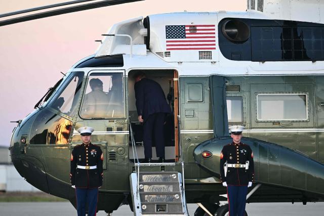 US President Donald Trump boards Marine One at Rickenbacker International Airport in Columbus, Ohio on October 28, 2026. President Trump is travelling to Ohio to speak at a midterm campaign rally. (Photo by Kent NISHIMURA / AFP)