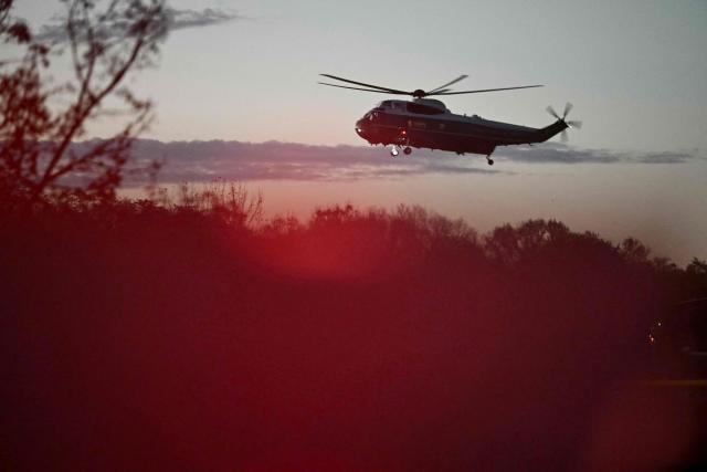 Marine One with US President Donald Trump on board lands near Shoemaker Center in Chillicothe, Ohio on October 28, 2026. (Photo by Kent NISHIMURA / AFP)