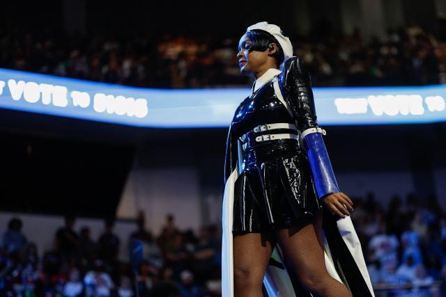 US singer Janelle Monae performs at a midterm campaign rally in support of US Senator Jon Ossoff (D-GA) and Democrat gubernatorial candidate Keisha Lance Bottoms in Morrow, Georgia, on October 28, 2026. (Photo by ERIK S. LESSER / AFP)