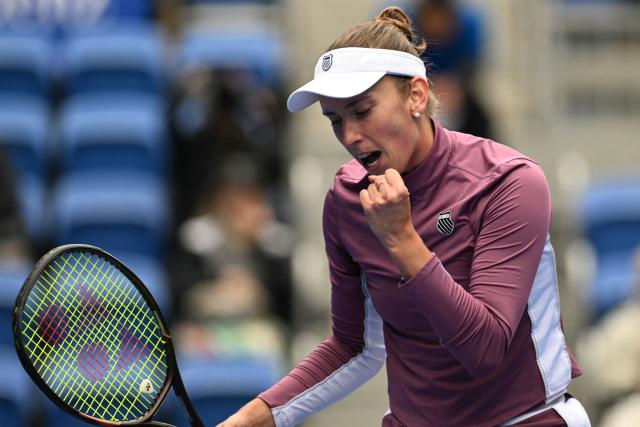 Belgium's Elise Mertens reacts as she plays against Canada's Leylah Fernandez during the WTA Pan Pacific Open tennis tournament at Ariake Coliseum in Tokyo on October 29, 2026. (Photo by Rie KIKUCHI / AFP)