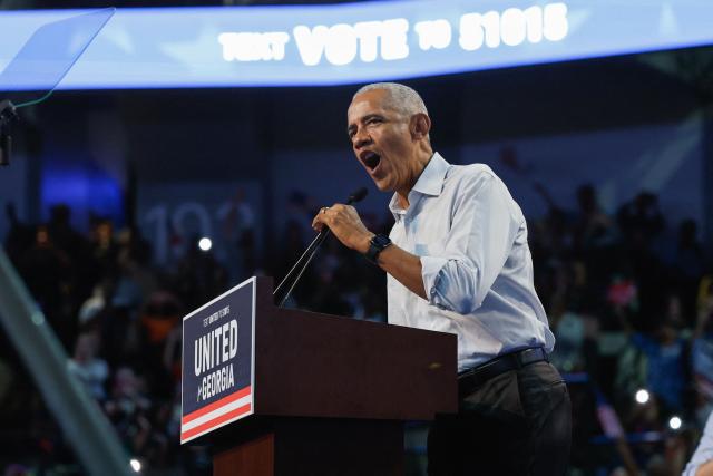 Former US President Barack Obama speaks during a midterm campaign rally in support of US Senator Jon Ossoff's (D-GA) reelection campaign in Morrow, Georgia, on October 28, 2026. (Photo by ERIK S. LESSER / AFP)
