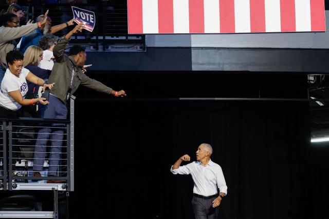 Former US President Barack Obama walks out to speak at a midterm campaign rally in support of US Senator Jon Ossoff's (D-GA) reelection campaign in Morrow, Georgia, on October 28, 2026. (Photo by ERIK S. LESSER / AFP)