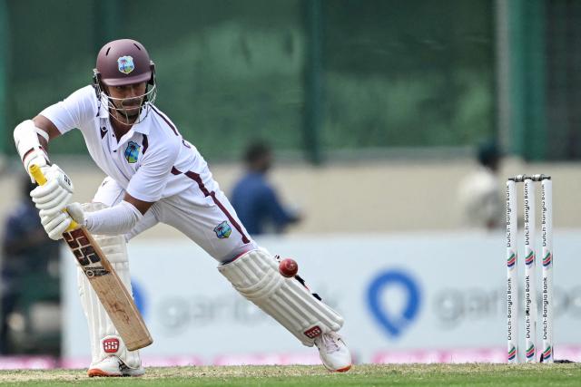 West Indies' Tagenarine Chanderpaul plays a shot during the second day of the first test cricket match between Bangladesh and West Indies at the Sher-e-Bangla National Stadium in Mirpur on October 29, 2026. (Photo by Salahuddin Ahmed / AFP)