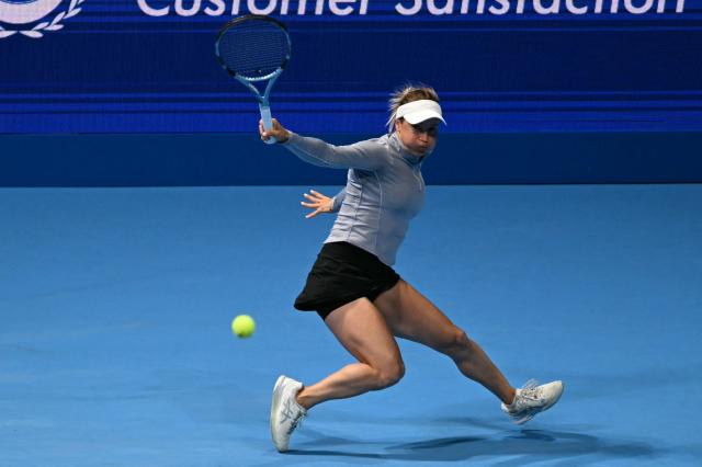 Kazakhstan's Yulia Putintseva hits a return against Kazakhstan's Elena Rybakina during the WTA Pan Pacific Open tennis tournament at Ariake Coliseum in Tokyo on October 29, 2026. (Photo by Rie KIKUCHI / AFP)