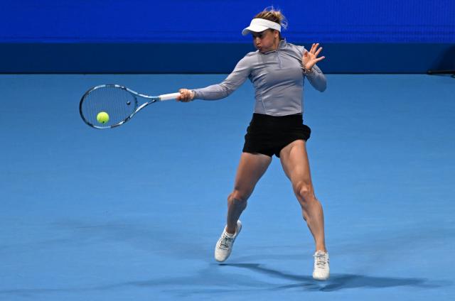 Kazakhstan's Yulia Putintseva hits a return against Kazakhstan's Elena Rybakina during the WTA Pan Pacific Open tennis tournament at Ariake Coliseum in Tokyo on October 29, 2026. (Photo by Rie KIKUCHI / AFP)
