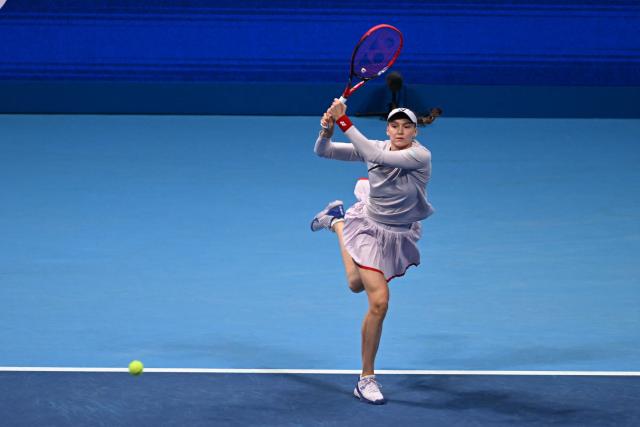Kazakhstan's Elena Rybakina hits a return against Kazakhstan's Yulia Putintseva during the WTA Pan Pacific Open tennis tournament at Ariake Coliseum in Tokyo on October 29, 2026. (Photo by Rie KIKUCHI / AFP)
