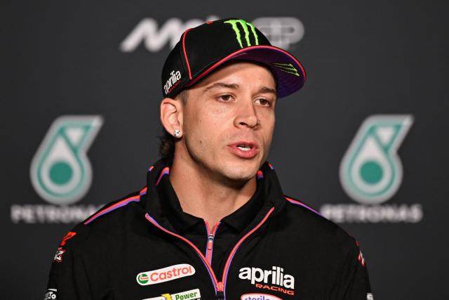 Aprilia Racing's Italian rider Marco Bezzecchi speaks during a press conference ahead of the MotoGP Malaysian Grand Prix at the Sepang International Circuit in Sepang on October 29, 2026. (Photo by Mohd Rasfan / AFP)