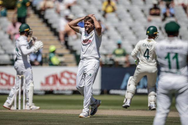 South Africa's Wiaan Mulder reacts after delivering a ball on on day three of the third Test match between South Africa and Australia at Newlands stadium in Cape Town on October 29, 2026. (Photo by Marco Longari / AFP)
