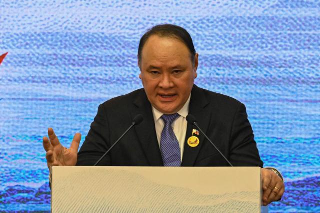Philippine Secretary of National Defence Gilberto Teodoro holds a press conference after the 20th Association of Southeast Asian Nations (ASEAN) Defence Ministers’ Meeting (ADMM) in Cebu on October 29, 2026. (Photo by Jam STA ROSA / AFP)