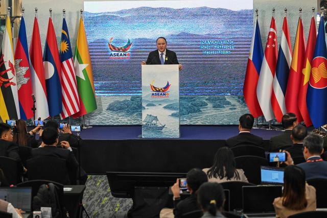 Philippine Secretary of National Defence Gilberto Teodoro holds a press conference after the 20th Association of Southeast Asian Nations (ASEAN) Defence Ministers’ Meeting (ADMM) in Cebu on October 29, 2026. (Photo by Jam STA ROSA / AFP)
