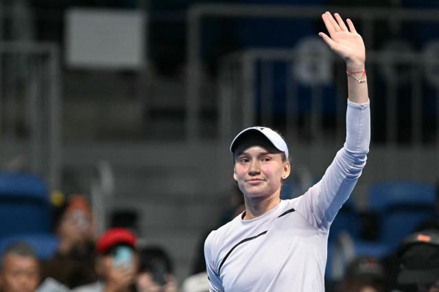 Kazakhstan's Elena Rybakina celebrates after beating Kazakhstan's Yulia Putintseva during the WTA Pan Pacific Open tennis tournament at Ariake Coliseum in Tokyo on October 29, 2026. (Photo by Rie KIKUCHI / AFP)