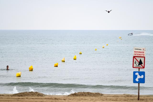 (FILES) An Instadrone Company's drone flies during a test operation, to support beach surveillance and prevent swimmers from drowning in seaside resort town of Valras-Plage, Southern France on July 31, 2026. In France, 441 people, including 61 children and teenagers, lost their lives to drowning over a four-month period, the vast majority during heatwaves – a “moderate” increase compared with last year, which had already seen a significant number of deaths, according to figures released by the health authorities on october 29, 2026. (Photo by Gabriel BOUYS / AFP)