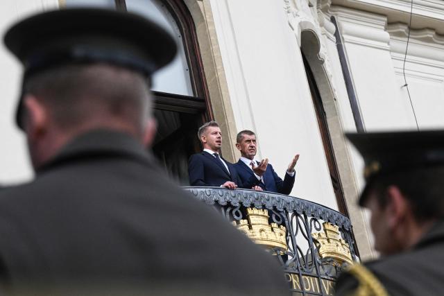 Czech Prime Minister Andrej Babis (R) and his Hungarian counterpart Peter Magyar stand on a balcony of the Czech Prime Minister's residence on October 29, 2026 in Prague, Czech Republic. (Photo by Michal Cizek / AFP)