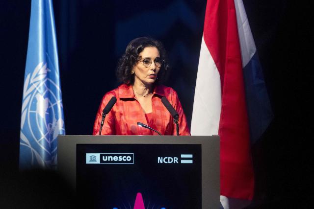 EU Commissioner for Eqyality, Preparedness, Crisis Management Hadja Lahbib delivers a speech during the UNESCO World Summit on Racism and Discrimination at the World Forum in The Hague on October 29, 2026. (Photo by Remko de Waal / ANP / AFP) / Netherlands OUT