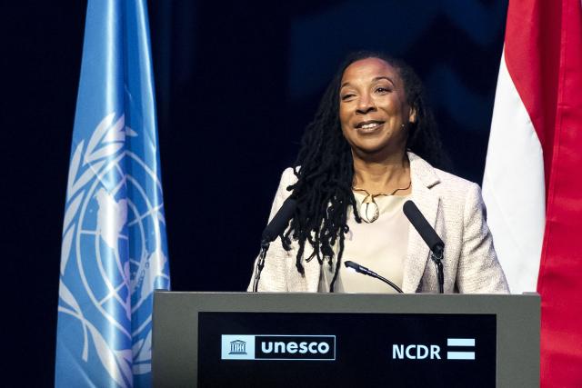 US lawyer and civil rights activist Kimberle Crenshaw delivers a speech during the UNESCO World Summit on Racism and Discrimination at the World Forum in The Hague on October 29, 2026. (Photo by Remko de Waal / ANP / AFP) / Netherlands OUT