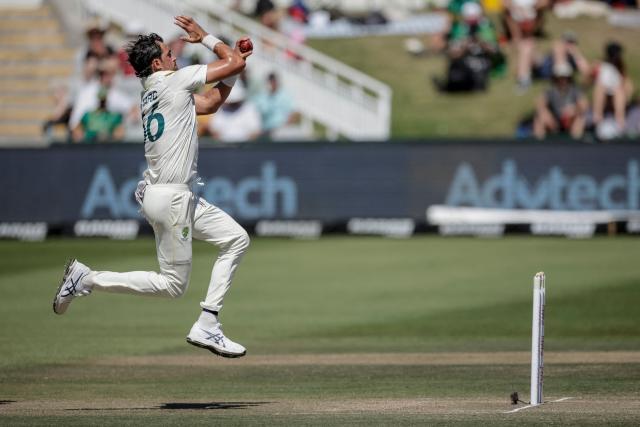 Australia's Mitchell Starc delivers a ball on day three of the third Test match between South Africa and Australia at Newlands stadium in Cape Town on October 29, 2026. (Photo by Marco Longari / AFP)